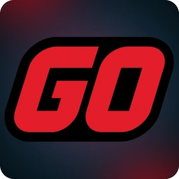 โลโก้ GO ตัวอักษรสีแดงบนพื้นดำ